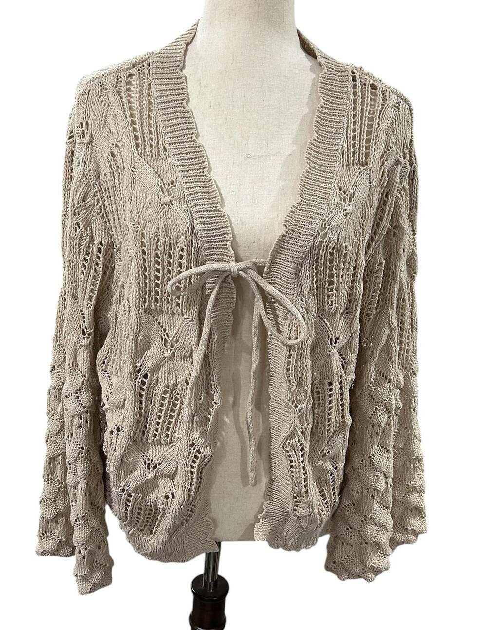 Bloom Chic Open Work Knit Tie Front Cropped Cardigan Boho Style Size 18-20 EUC